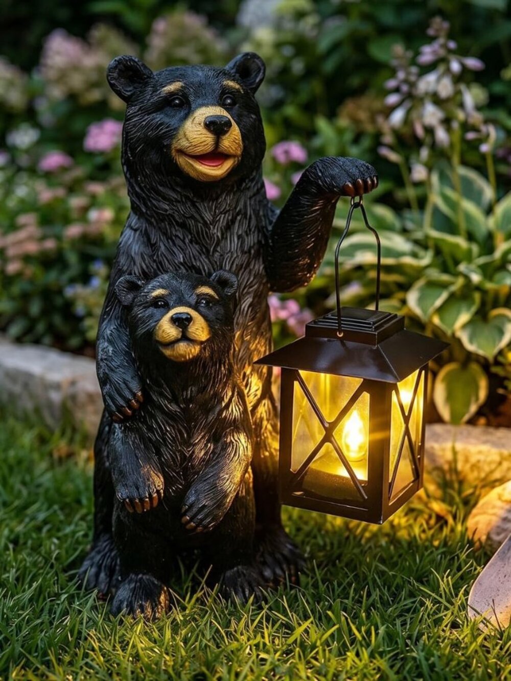 Black Bear Garden Statue With Solar Lantern, Bear Figurine Lights For Outside, Y